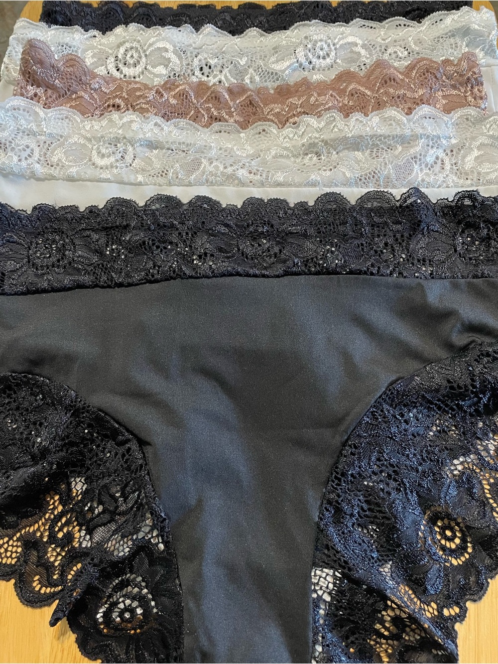 Lace-Trim Bikini Panties - Black, White & Taupe